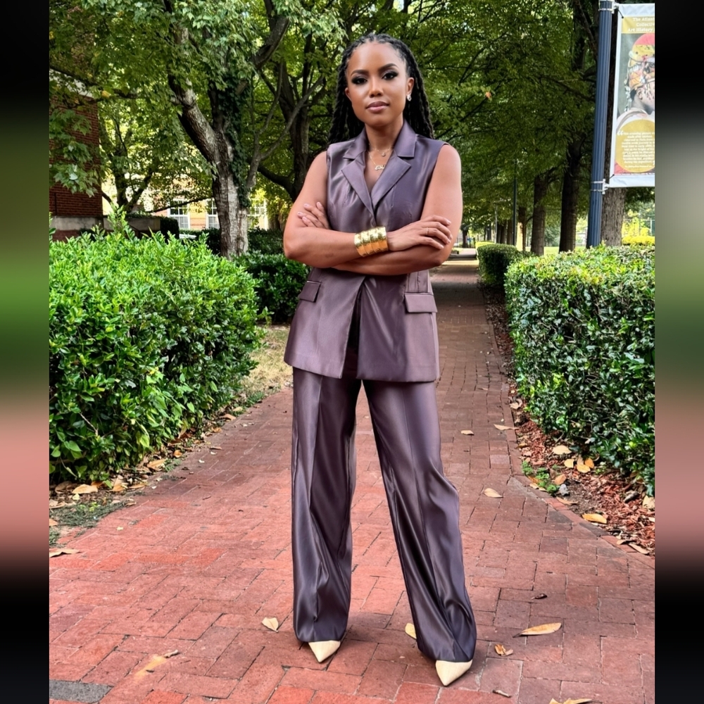 Zara 2 Pc Set Vest & Straight Pants Satin Effect Mocha - Picture 4 of 17